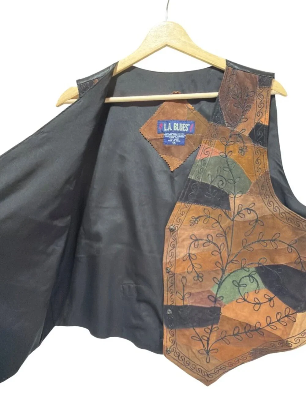 LA Blues Vintage 90s Earth Tone Patchwork Leather Suede Vest With Embroidered Vi